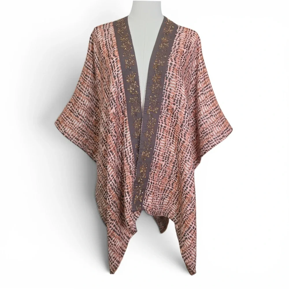 Soft Surroundings Korra Tweed Wrap‎ Beaded Embroidery Boho Earth Tones NWT